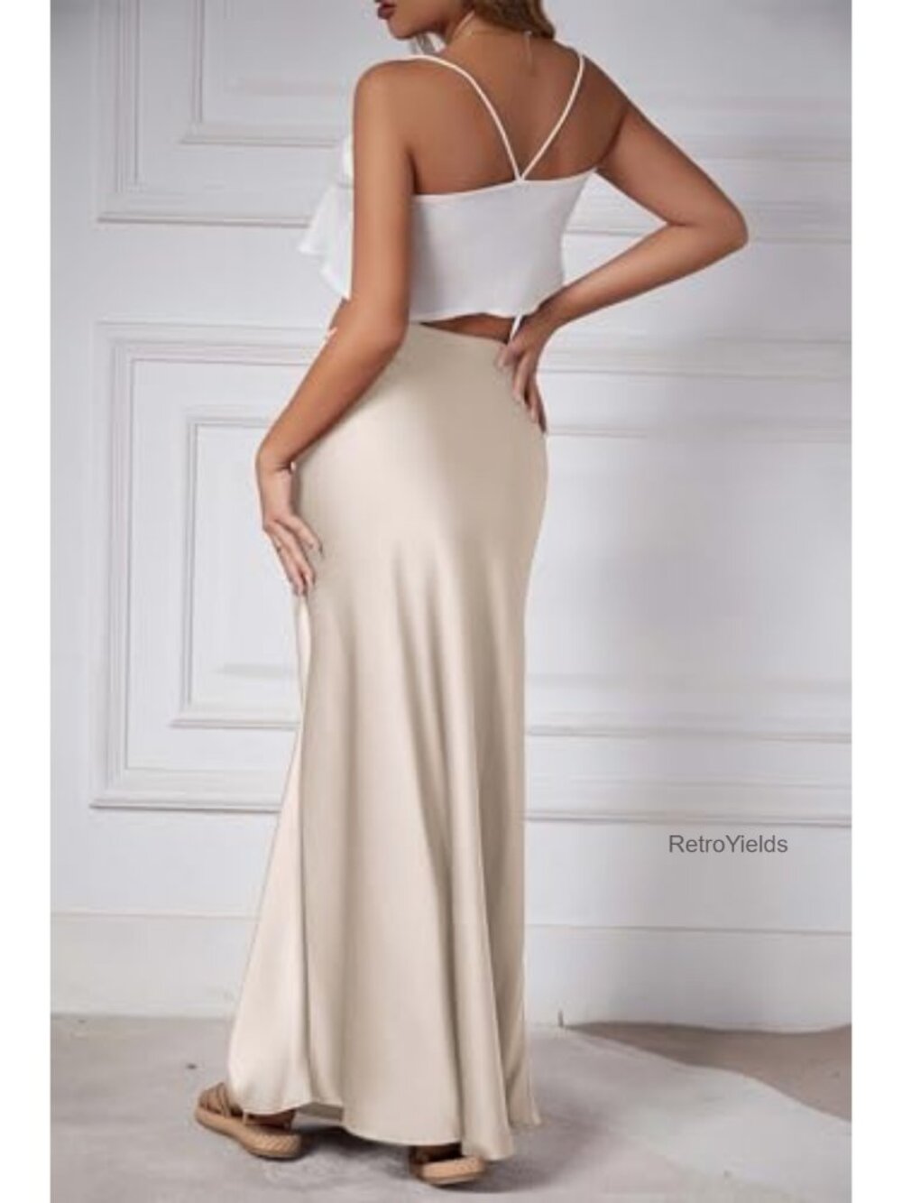Satin Maxi Skirt Drawstring Flared A-Line Long Skirt - Picture 2 of 6